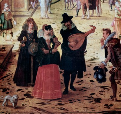 Paisagem com Villa Medicis em Roma, Itália (Paisagem com villa Medicis, Roma, Itália) Detalhe Andarilhos e músicos elegantes no Parque - Pintura de Sebastian Vrancx (1573-1647) Século XVII Nápoles Museo Nazionale di Capodimonte de Sebastian Vrancx