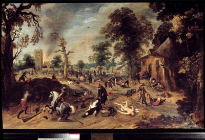 Saques em uma vila Um grupo de cavaleiros saqueou e matou os habitantes de uma vila, o corpo de uma mulher nua jaz no chão, outro é arrastado pelos cabelos. Pintura por Sebastien Vrancx de Sebastian Vrancx