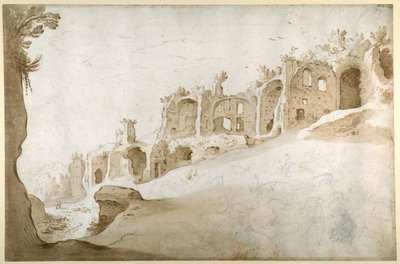 Ruínas no Palatino: a Domus Augustanus e o Palácio de Septimius Severus (caneta e tinta marrom com lavagem marrom e giz preto sobre papel branco) de Sebastian Vrancx