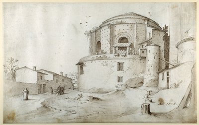 S. Maria della Febbre, com a Capela Funerária de Sisto IV e a parede do Antigo São Pedro, Roma, à direita (caneta e tinta marrom com lavagem marrom sobre papel branco) de Sebastian Vrancx