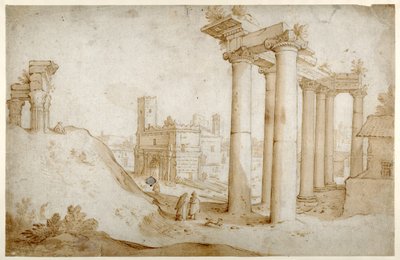 O Forum Romanum com o Templo de Tito e Vespasiano, o Templo de Saturno e o Arco de Septímio Severo (Caneta e tinta marrom com lavagem marrom, sobre papel) de Sebastian Vrancx