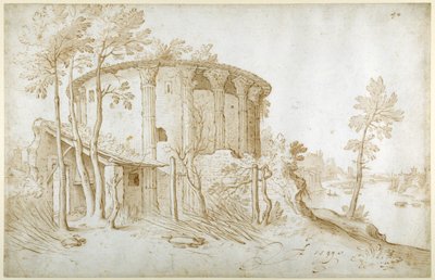O Templo da Vesta no Forum Boarium, visto do Norte, o Tibre à direita, c.1650 (caneta e tinta com lavagem em papel) de Sebastian Vrancx