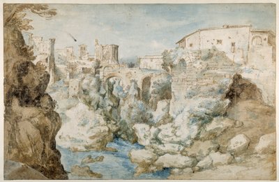 Vista do Tivoli com o Templo da Sibila Tiburtina e as Cataratas (caneta e tinta com lavagem castanha e azul sobre papel) de Sebastian Vrancx