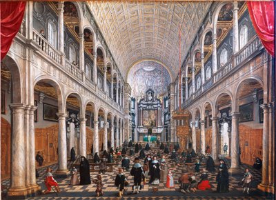Vista do interior da Igreja dos Jesuítas em Antuérpia (óleo sobre madeira de Sebastian Vrancx