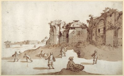 Jovens jogando pelota dentro dos banhos de Diocleciano; S. Bernardino ao longe; a longa parede de Bellaiani (caneta e tinta marrom com lavagem marrom sobre papel) de Sebastian Vrancx