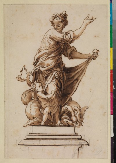 Grupo alegórico num pedestal com figura feminina, bebê e dragão, século XVII de Sebastian de Herrera Barnuevo