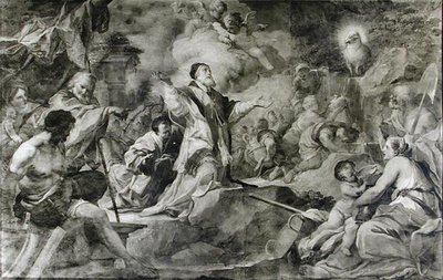 São Clemente Invocando o Cordeiro de Deus para Produzir Água de uma Rocha na Crimeia (óleo sobre tela) (foto a p/b) de Sebastiano Conca