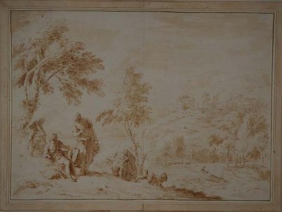 Paisagem Pastoral Extensiva com Hill-town, c.1720 (tinta castanha e lavagem) de Sebastiano Ricci
