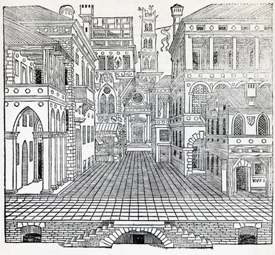 Cena mágica, desenho de cena teatral de Sebastiano Serlio (1475-1554), ilustração do Tratado de Arquitetura, Livro II de Sebastiano Serlio