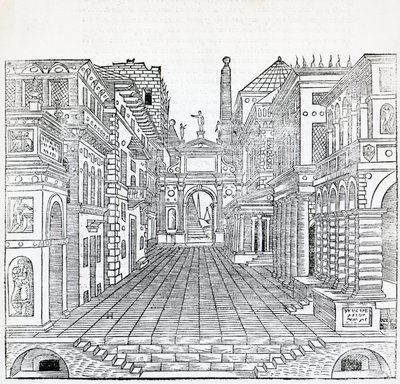 Cena mágica, desenho de cena teatral de Sebastiano Serlio (1475-1554), ilustração do Tratado de Arquitetura, Livro II de Sebastiano Serlio