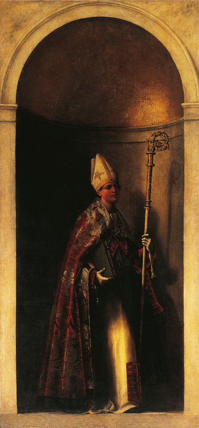 São Luís de Toulouse, decoração da porta do órgão, ca. 1509, de Sebastiano del Piombo (ca. 1485-1547), óleo sobre tela, 293x137 cm, Igreja de San Bartolomeo, Veneza, Itália de Sebastiano del (c.1485 1547) Piombo
