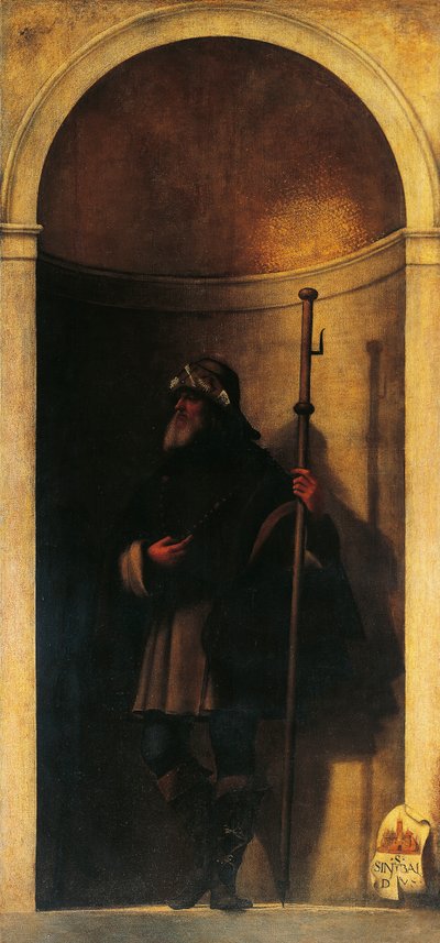 São Sinibald, decoração da porta do órgão, ca. 1509, de Sebastiano del Piombo (ca. 1485-1547), óleo sobre tela, 293x137 cm, Igreja de San Bartolomeo, Veneza, Itália de Sebastiano del (c.1485 1547) Piombo