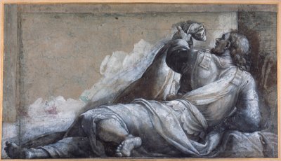 Um apóstolo reclinável (giz preto com lavagem castanha na carta azzurra) de Sebastiano del (c.1485 1547) Piombo