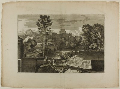 Cachoeira em uma ponte de pedra, com castelo à distância de Sébastien Bourdon