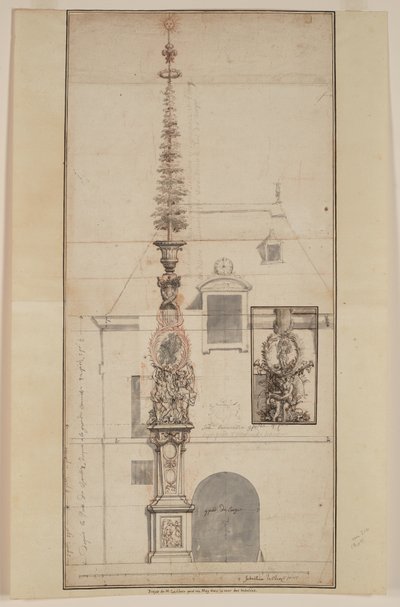 Projet de Mai des Gobelins permanent (reto) (giz preto, giz vermelho, caneta e tinta preta e castanha, lavagem cinzenta, em duas folhas juntas) de Sebastien I Le Clerc