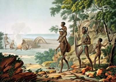 Port Jackson, New Holland: Família Aborígene, de "Viagem ao Redor do Mundo em Corvettes of Urania" gravada por Boisseau e Forget, publicada em 1817-20 de Sebastien Leroy