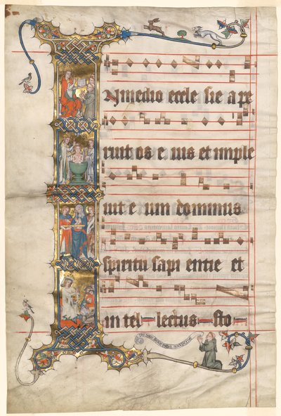 Folha do Gradual de Wettinger: Inicial Historiada (I) com Cenas da Vida de Santo Agostinho de Second Master of the Wettinger Gradual