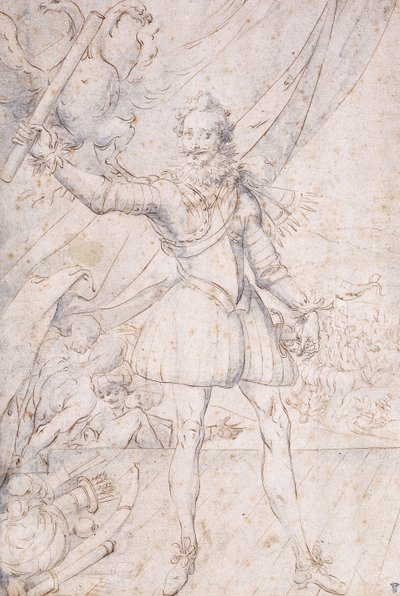 Rei Henrique IV, de corpo inteiro, um troféu dos braços otomanos aos pés, levantando um pergaminho na frente de uma águia (giz preto, caneta e tinta marrom com tinta azul) de Second School of Fountainebleau