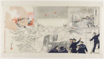 Segundo ataque a Port Arthur pelos navios Hayatori e Asagiri Yori dai ni Ryojun shôgeki Hayatori asagiri yûsen zu (título do objeto) Reportando a Guerra Russo-Japonesa (título da série) Nichirô senpô (título da série no objeto) de Seisai