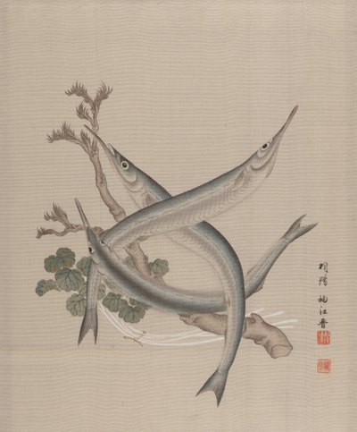 Três Peixes e um Ramo, c. 1890-92. de Seki Shuko