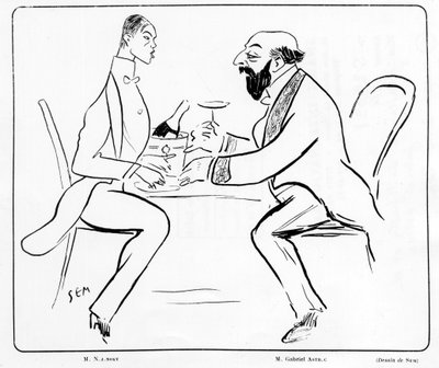 Desenho animado de Nijuisky e Gabriel Astri em um café, desenho de Sem (1863 - 1934). de Sem