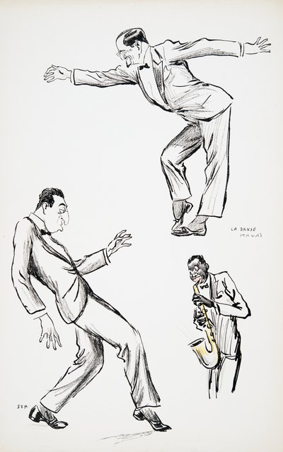 Dois cavalheiros de black-tie executam La Danse Havas ao saxofone, de White Bottoms, pub. 1927 (impressão em bloco de cor), de White Bottoms, pub. 1927 (impressão de bloco de cor) de Sem
