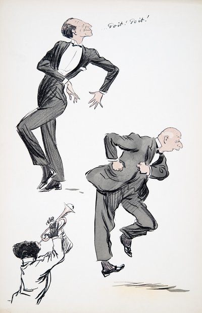 Dois homens de terno dançando enquanto um músico toca trompete, de White Bottoms, pub. 1927 (impressão de bloco de cor) de Sem