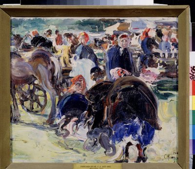 Uma feira (uma feira). Mercado provincial com mulheres camponesas e comerciantes. Pintura de Semyon Gavrilovich Nikiforov (1877-1912), óleo sobre tela de Semen Gavriilovich Nikiforov