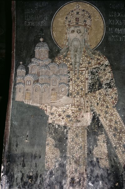 Rei Estêvão Uros II Milutin (r.1282-1321) com um modelo da igreja, 1311-21 de Serbian School