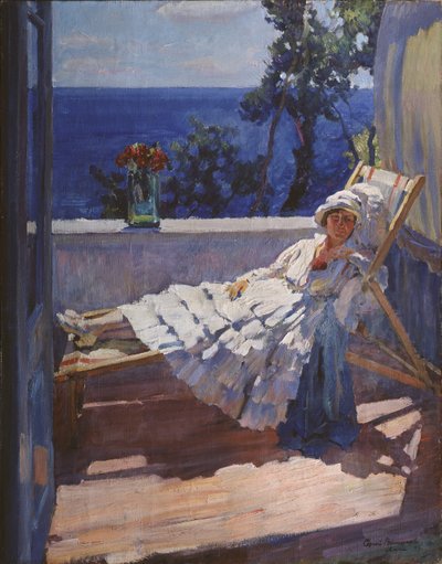 Uma dama na varanda, 1916 de Sergei Arsenevich Vinogradov