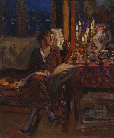 Senhora com livro no interior, 1917 de Sergei Arsenevich Vinogradov