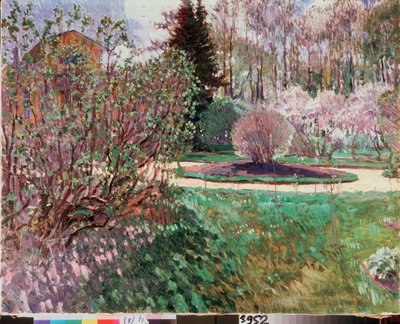 Um jardim, primavera - pintura de Sergei Arsenyevich Vinogradov (1869-1938), óleo sobre tela de Sergei Arsenevich Vinogradov