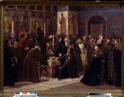 A Revolta do Mosteiro Solovetsky em 1666. Episódio do raskol da Igreja Ortodoxa (ou cisma de 1666-1667) pelos Antigos crentes, opondo-se às reformas do Patriarca de Moscovo, introduzidas a partir de 1653. de Sergei Dmitrievich Miloradovich