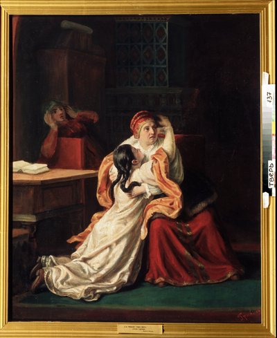 Czarina Kseniya Godunova (1581-1622) (Tsarevna Kseniya Godunova). Uma criança assustada correndo para os braços de alguém. Pintura de Sergei Ivanovich Gribkov (1820-1893), óleo sobre tela, arte russa do século XIX. Galeria de Arte Regional, Tver (Rússia) de Sergei Ivanovich Gribkov