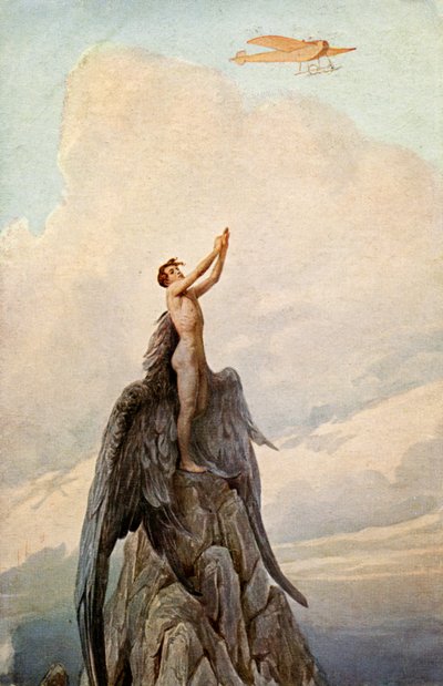 Transporte. Aviação. O sonho de Icarus. A Icarus e o avião. Ilustração de J. Solomko, Hungria, c.1916. (cartão postal) de Sergei Sergeevich Solomko