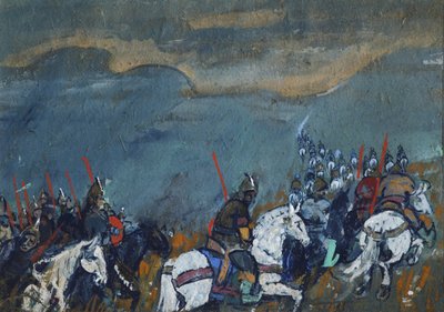 Exército do czar Dodon. Ilustração para o conto de fadas O Galo Dourado, de A. Pushkin de Sergei Vasilievich Malyutin