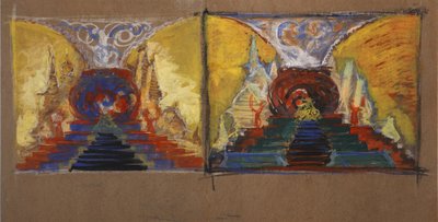Cenografia da ópera O galo de ouro de N. Rimsky-Korsakov de Sergei Vasilievich Malyutin