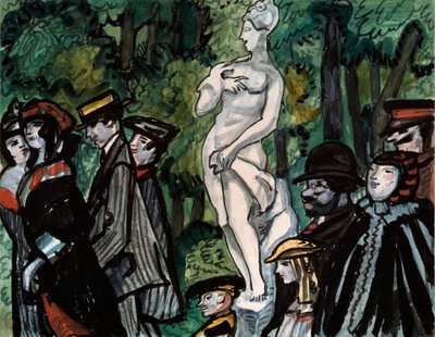 No jardim de verão. (Famílias em suas melhores roupas de domingo em um passeio ao redor de uma estátua em São Petersburgo). Obra de Sergei Yurievich Sudeykin (Serge Soudeikine) (1882-1946), lápis, guache e tinta sobre papel. arte russa de Sergei Yurevich Sudeikin