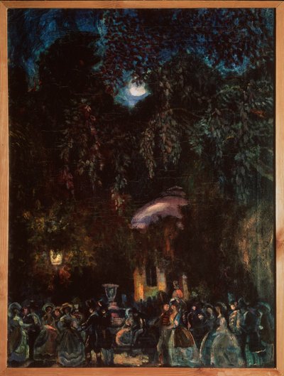 Espanha (Cena de lazer, sociedade a andar na rua à noite). Pintura de Sergei Yurievich Sudeykin (Sergei Sudeikin) (1882-1946), óleo sobre tela, ca. 1910. Arte russa, século XX. Museu Estatal de História, Arquitectura e Arte ao Ar Livre, Psko de Sergei Yurevich Sudeikin