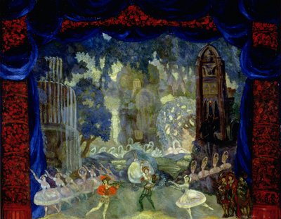 O Parque em frente ao Castelo, esboço de um desenho de palco para o "Lago dos Cisnes" de Tchaikovsky encenado no Small Drama Theatre, São Petersburgo de Sergei Yurevich Sudeikin