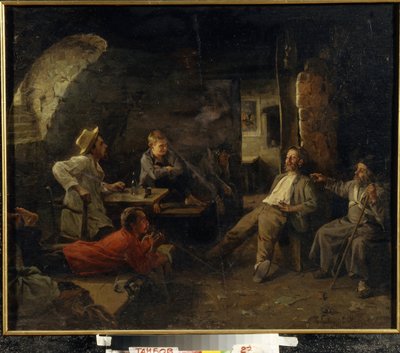 O Asilo Noturno (Dosshouse). Conversa entre os moradores do refúgio. Pintura de Sergey Ivanovich Krivolutsky (1869-1922), óleo sobre tela de Sergey Ivanovich Krivolutsky