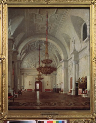 Vista do Salão Branco do Palácio de Inverno em São Petersburgo. Pintura de Sergey (Sergei, Sergei) Konstantinovich Zaryanko (Zarianko) (1818-1870), óleo sobre tela. arte russa de Sergey Konstantinovich Zaryanko