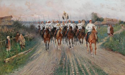 Uma banda percorre a aldeia. de Sergey Semyonovich Voroshilov