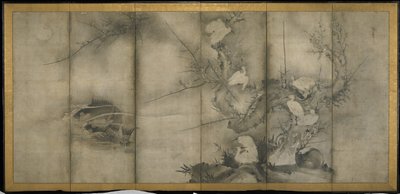 Willow, Egrets in Plum and Willow, Tela dobrável de seis painéis (tinta no papel) de Sesson Shkei