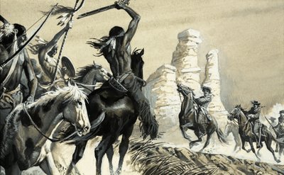Um encontro surpresa entre dois grupos de batedores, um índio e outro da cavalaria americana de Severino Baraldi