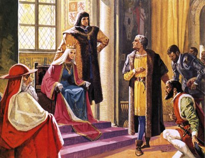 Américo Vespúcio imaginou que estava a apresentar relatórios das suas viagens à Rainha Isabel de Espanha de Severino Baraldi