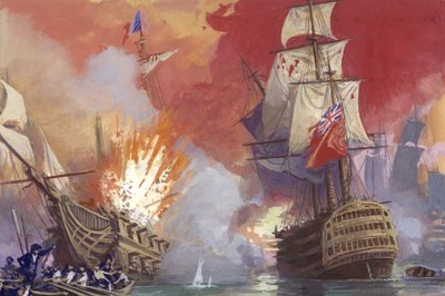 Batalha naval britânica contra os franceses durante as guerras napoleónicas (guache sobre papel) de Severino Baraldi