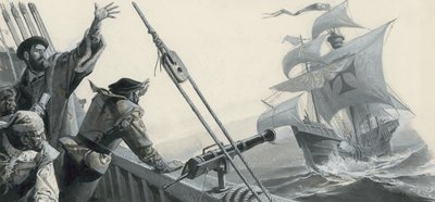 Fernão de Magalhães (1480-1521) sobre a descoberta do Oceano Pacífico (guache sobre papel) de Severino Baraldi