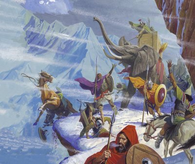 Aníbal (247-c.183 a.C.) atravessa os Alpes (guache sobre papel) de Severino Baraldi