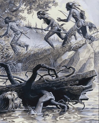 John Colter escondido atrás de uma madeira à deriva (guache sobre papel) de Severino Baraldi